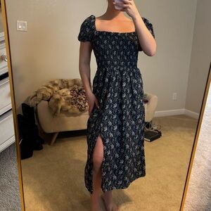 J. Crew Navy Floral Smocked Midi Dress with Short Puff Sleeves